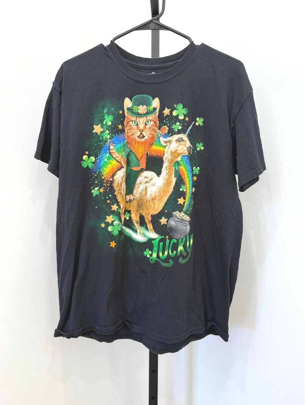 Black Graphic T-Shirt with Cat and Llama St. Patrick's Day Design Large